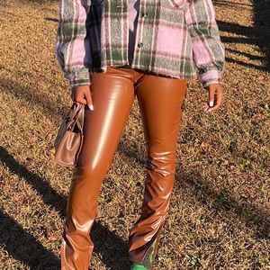 Brown faux leather split hem pants